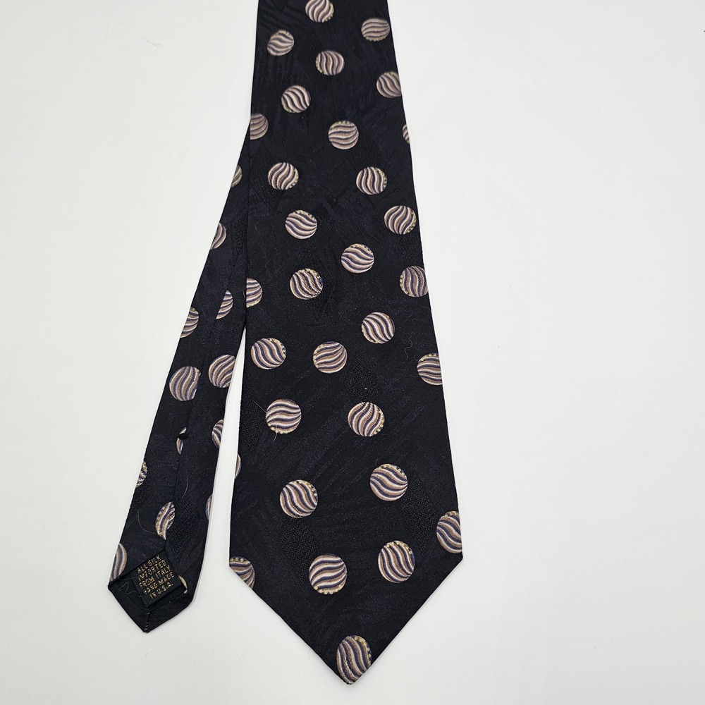 AKM‎ Men's Silk Necktie Black Gold Purple Polka Dot Pattern Made in USA 4" Wide